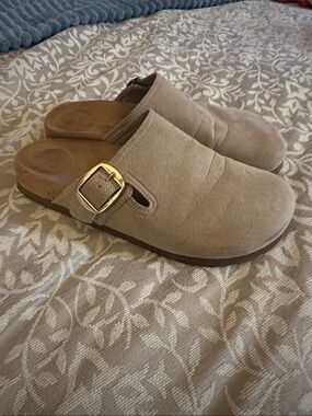Time and Tru Taupe Suede-Look Slip-On Clogs with Buckle